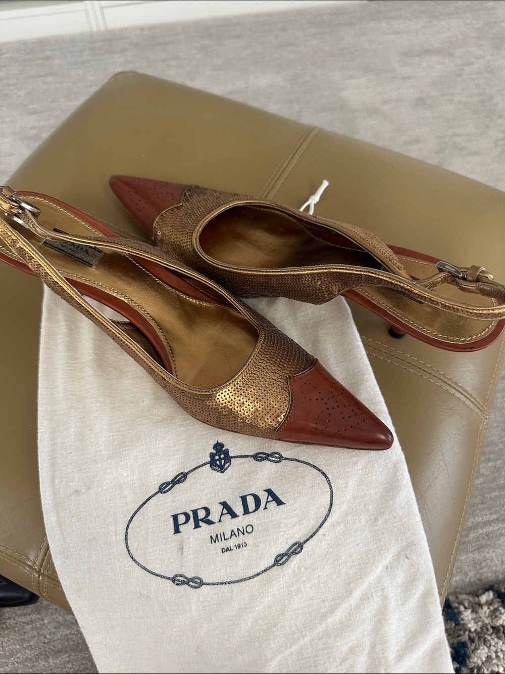 Prada Vintage Pointed Slingback Heels brown leather and sequins. Size 39.5 - Picture 10 of 10